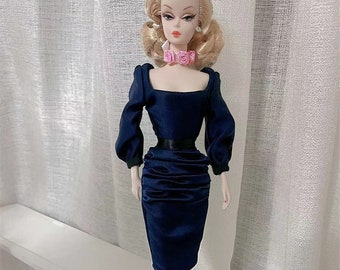 Nuevo diseño hecho a mano ropa de muñeca azul oscuro vestido de muñeca para la realeza de la moda Poppy Parker FR2 vestido de muñeca en miniatura traje personalizado