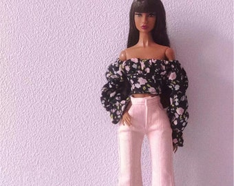 Handmade Dress Miniature Floral Shirt Doll Pants for Blythe Azone OB24 Obitsu Doll Poppy Parker Fashion Royalty FR2 Doll Clothes Outfit