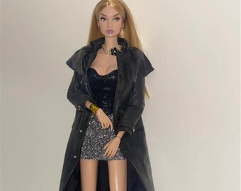 New Design Miniature Doll Dress Doll Leather Trench Coat for 1/6 Scale Fashion Royalty Poppy Parker FR2 Similar Size Handmade Doll Clothes