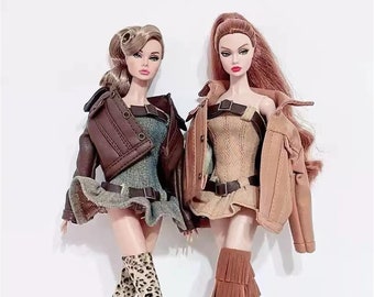 New Design Miniature Doll Dress 100% Handmade Doll Leather Jacket Coat for 1/6 Scale Fashion Royalty FR2 Poppy Parker Doll Clothes Outfit