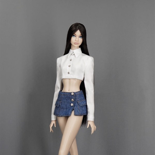 NEW Design Miniature Doll Dress Set 100% Handmade Doll Shirt Doll Denim Skirt for Integrity Toys Nu. face NF2 FR2 Doll Custom Clothes Outfit
