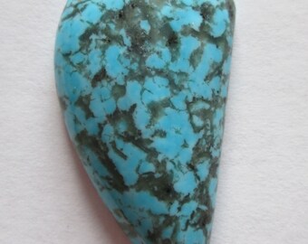 May include: A turquoise cabochon with a blue-green color and a black matrix. The stone is shaped like a teardrop and has a smooth, polished surface.