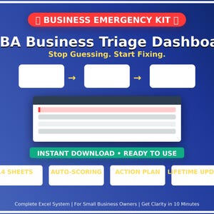 Puede incluir: Gráfico azul con el texto "BUSINESS EMERGENCY KIT" y "SGBA Business Triage Dashboard". Incluye las frases "Stop Guessing. Start Fixing.", "INSTANT DOWNLOAD • READY TO USE", y "14 SHEETS", "AUTO-SCORING", "ACTION PLAN" y "LIFETIME UPDATES".