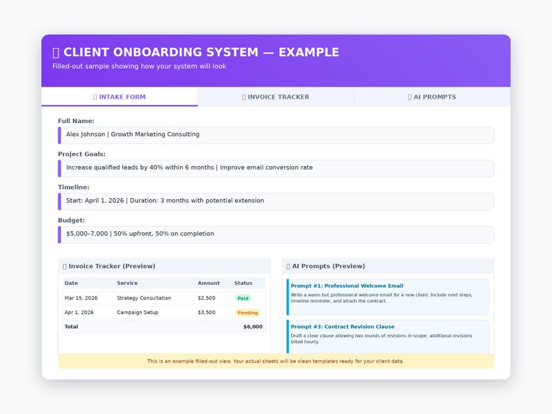 Client Onboarding Excel Template: Intake Form, Invoice Tracker, AI ...