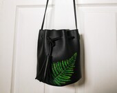 Fern Leaf Hand-painted Black Leather Cross Body Bag (Vintage Thrifted Upcycled)