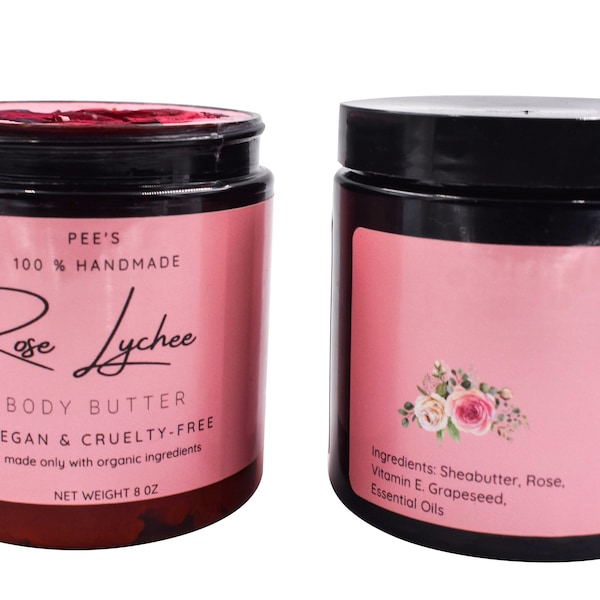 Rose Lychee Body Butter, bloemig geurende huidverzorging, natuurlijk cadeau voor haar