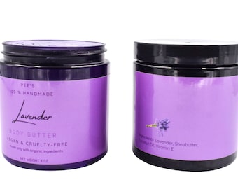 May include: Purple jar of lavender body butter with a black lid. The label reads "Pee's 100% Handmade Lavender Body Butter Vegan & Cruelty-Free Made only with organic ingredients Net Weight 8 oz". The back of the jar lists the ingredients: "Lavender, Sheabutter, Coconut Oil, Vitamin E."