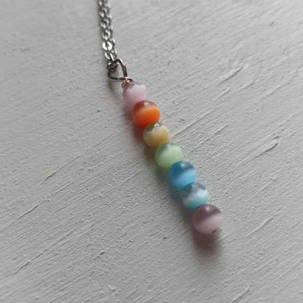 Rainbow Pendant on Silver Chain - Boho Rainbow Pendant with Glass Cat Eye Beads - Simple Dainty Necklace Birthday Gift for Girl Women
