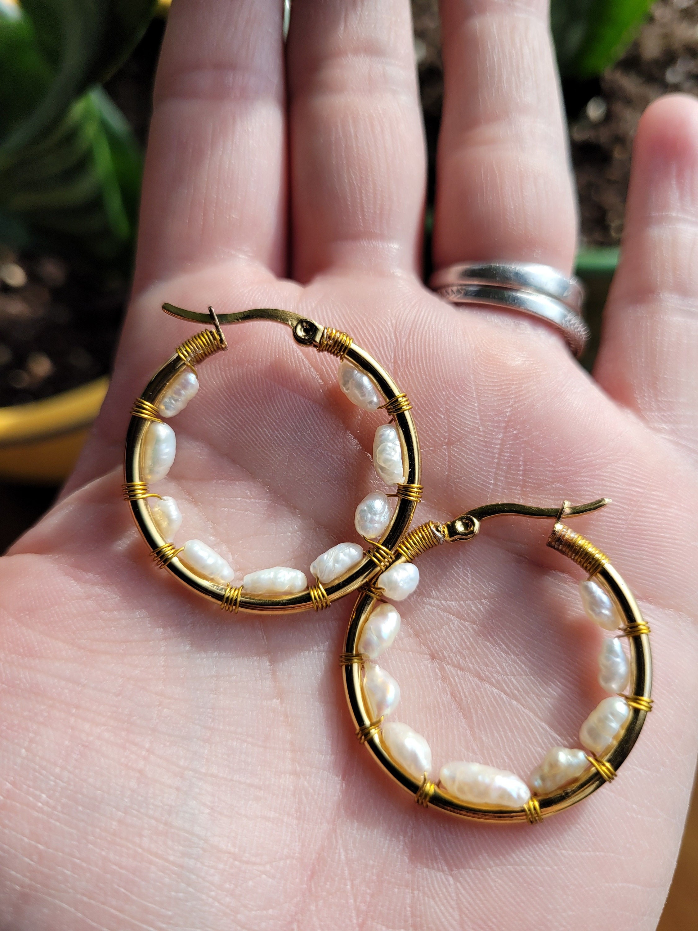 Handmade Yellow Gold-Filled Faux Pearl Dangling Hoop-and-a-Half Hoop Earrings w/Hook Clasp, 46mm