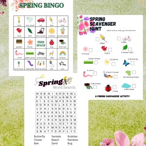 May include: A printable spring-themed bingo card with images of a tulip, rain cloud, car, bee, bike, bird, leaf, lawn mower, sunshine, potted plant, garden, flower, bug, bird nest, worm, green grass, motorcycle, deer, rainbow, bird house, caterpillar, kids at play, kite, and ants. The card also includes a free space. The text "SPRING BINGO" is at the top of the card.