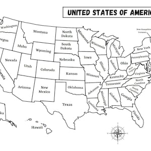 May include: Black and white outline map of the United States of America, with state names labeled. The map includes Alaska and Hawaii. A compass rose is in the lower right corner. The text "UNITED STATES OF AMERICA" is at the top.