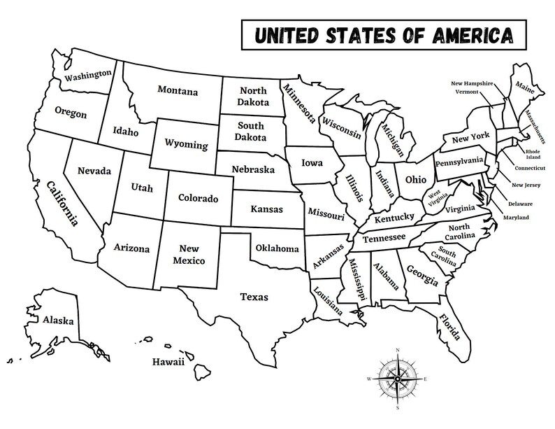 May include: Black and white outline map of the United States of America, with state names labeled. The map includes Alaska and Hawaii. A compass rose is in the lower right corner. The text "UNITED STATES OF AMERICA" is at the top.