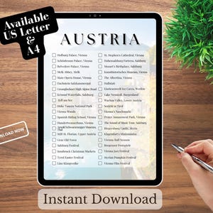 Österreich Bucket List: Travel Checklist - Printable To-Do List (Digitaler Download PDF/PNG, A4/US Letter)