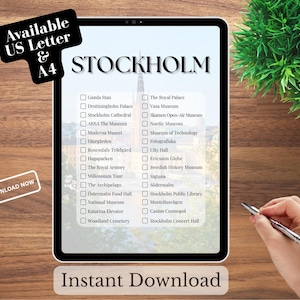 Puede incluir: Una lista de verificación digital de las atracciones de Estocolmo, que se muestra en una tableta. La palabra "STOCKHOLM" está en la parte superior, con una lista de lugares para visitar debajo. El texto de la imagen incluye "Available US Letter & A4" y "Instant Download."