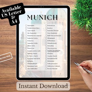 Puede incluir: Una lista de verificación digital de atracciones de Múnich en una tableta. La pantalla muestra una lista de lugares para visitar, con el nombre de la ciudad en la parte superior. La imagen incluye el texto "Available US Letter & A4" y "Instant Download."