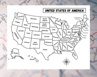 USA Coloring Map: Learning Worksheet for Kids (Digital Download)