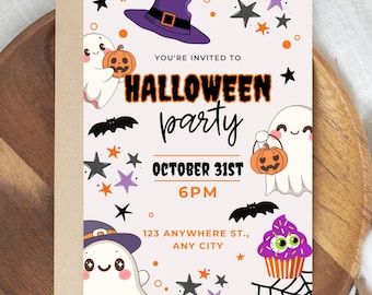 May include: Halloween party invitation with a beige background. The invitation features a purple witch hat, ghosts holding pumpkins, stars, and the text "YOU'RE INVITED TO HALLOWEEN party OCTOBER 31ST 6PM 123 ANYWHERE ST., ANY CITY."
