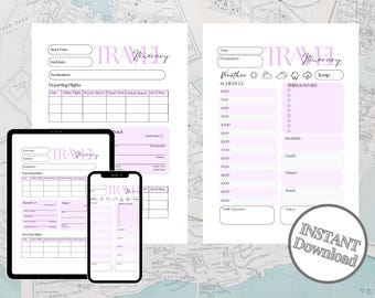 May include: Printable travel itinerary planner with pink accents. The planner includes sections for flights, hotel, rental car, weather schedule, things to see, and daily expenses.