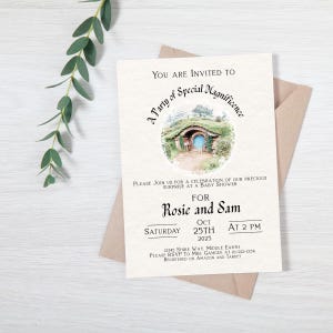 May include: Cream-colored baby shower invitation with a watercolor illustration of a hobbit hole. The invitation reads "You are invited to a party of special magnificence" and includes details for Rosie and Sam's baby shower.