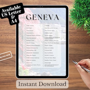 Lista de deseos para viajar a Ginebra, Suiza: Qué hacer (4 archivos digitales descargables, tamaño carta/A4)