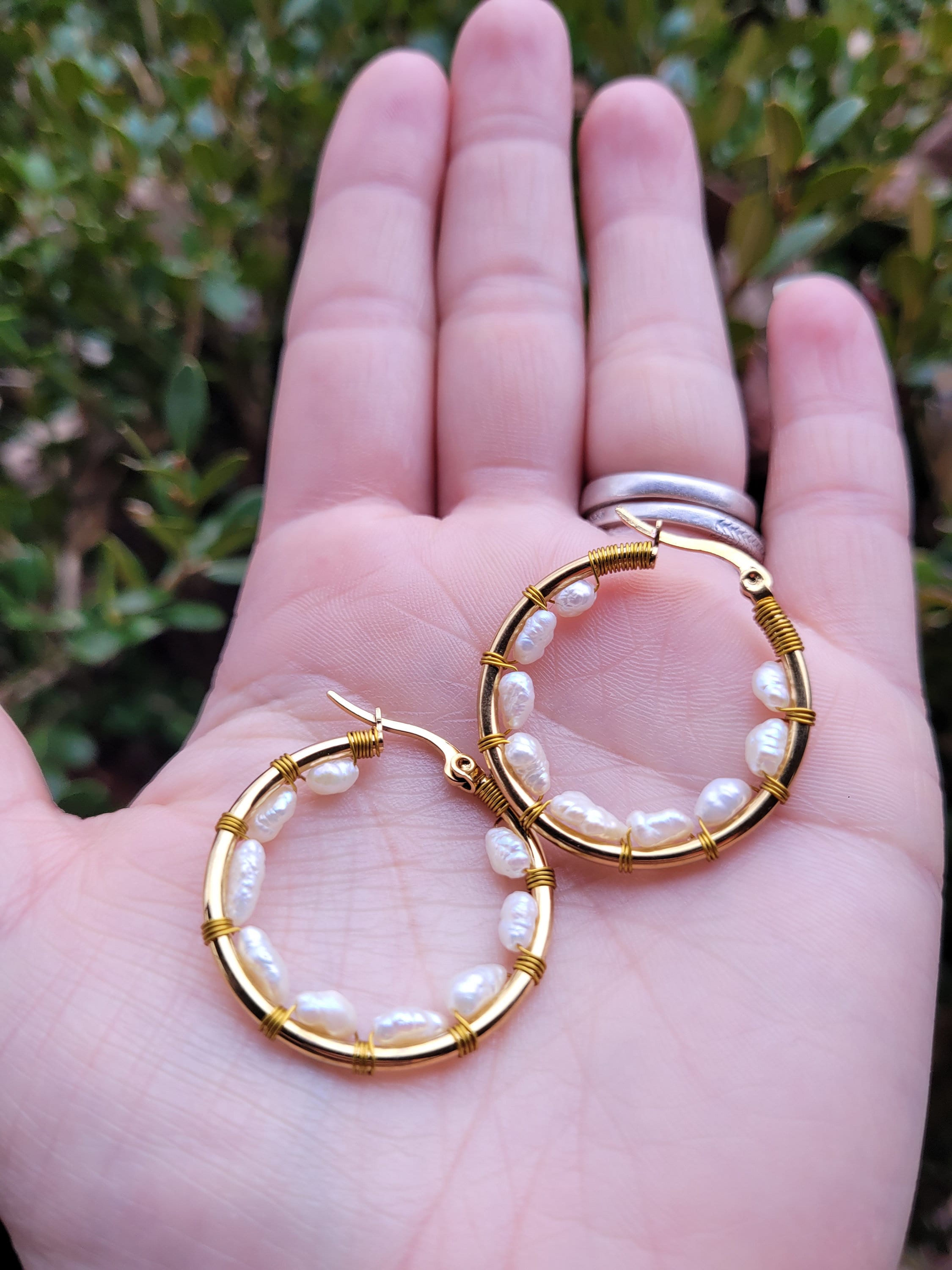 Unique Boho Gold Hoop Earrings with Freshwater Pearls - 30mm - Lucy Gray Baird Earrings - Hypoallergenic Stainless Steel for Sensitive Skin