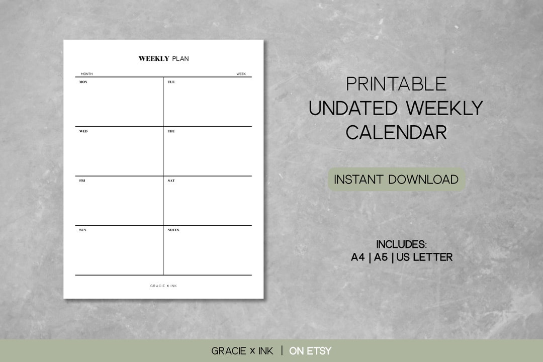 Undated Week Undated Weekly Calendar Printable Portrait - Etsy