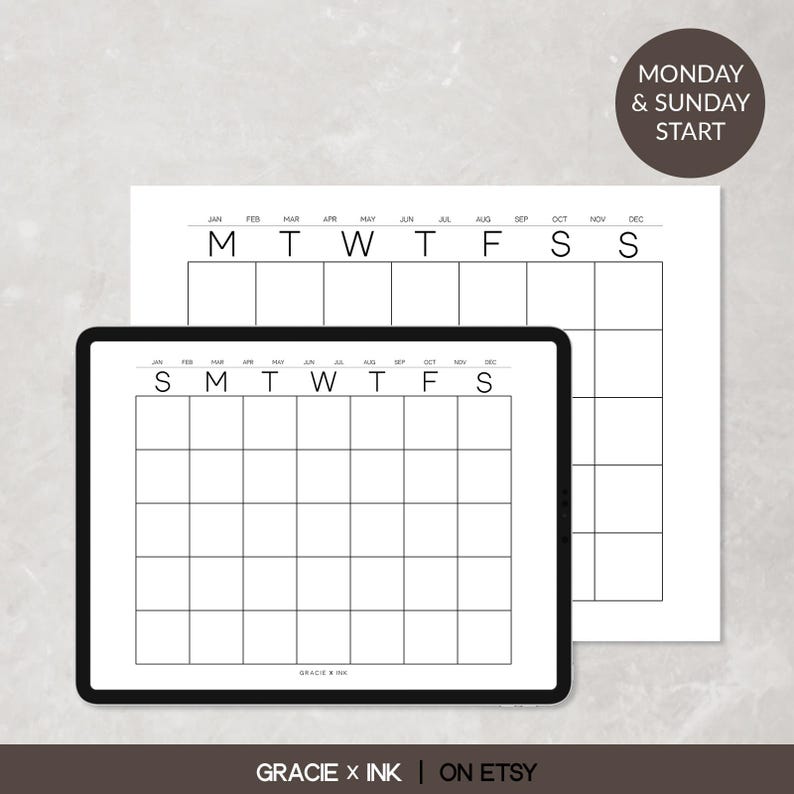 Minimalist Undated Monthly Calendar Landscape PDF Template, Monthly ...