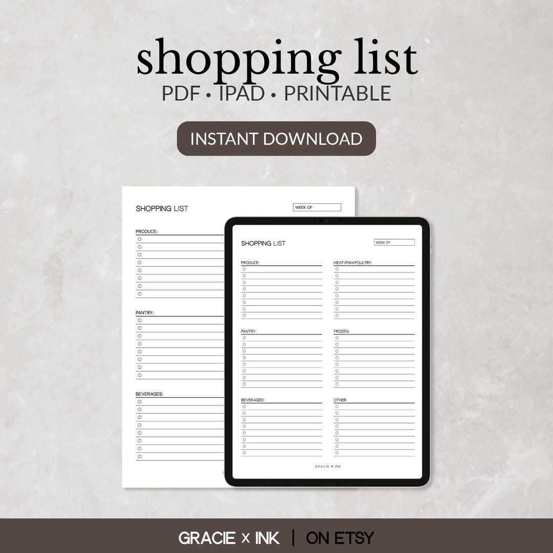 Minimalist Shopping List PDF Template, Grocery List, Food Shopping List ...