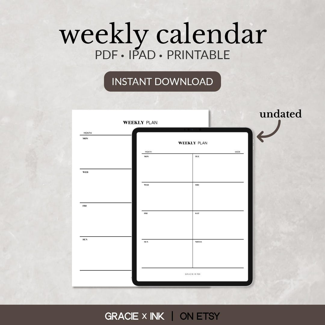 Generic Week Calendar Pdfs Minimalist Undated Weekly Calendar PDF Template, Weekly Schedule ...