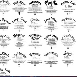 May include: A black and white printable chart with instructions for making 16 different cocktails. The cocktails include classics like the Cosmopolitan, Margarita, Mojito, and Old Fashioned, as well as more unique drinks like the Pink Squirrel, Sazerac, and Tequila Sunrise.