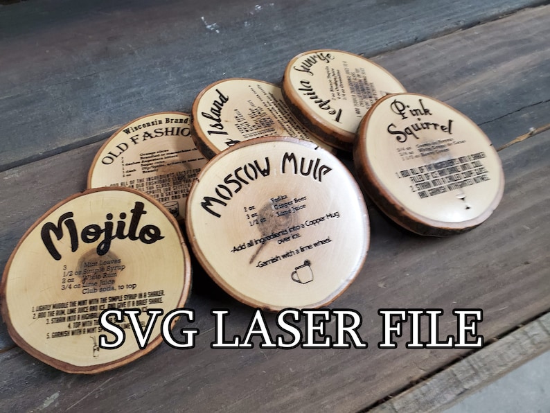 May include: Six wooden coasters with different drink recipes engraved on them. The recipes include: Old Fashioned, Island, Tequila Sunrise, Moscow Mule, Mojito, and Pink Squirrel.