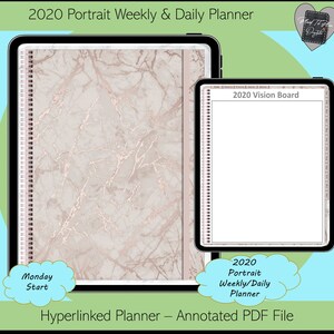 May include: A digital planner with a marble design and the text "2020 Portrait Weekly & Daily Planner." The planner includes a vision board and is labeled as a "Hyperlinked Planner - Annotated PDF File."