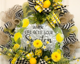 Lemon Wreath, Lemon Decor, Floral Wreath, Inspirational Wreath, Front Door Wreath, Yellow Wreath, Buffalo Plaid Wreath