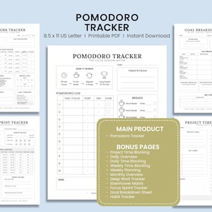 May include: A set of printable Pomodoro tracker PDF pages in 21.6 x 27.9 cm size. The documents feature black text on white backgrounds, including a Pomodoro tracker, deep work tracker, goal breakdown sheet, focus sprint tracker, and project time blocking sheets with various task logs, focus sessions, and planning sections.