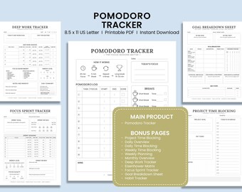 Pomodoro Tracker do druku w formacie PDF | Planer techniki Pomodoro | Śledzenie sesji skupienia | Arkusz ćwiczeń produktywności ADHD | Planer nauki do druku