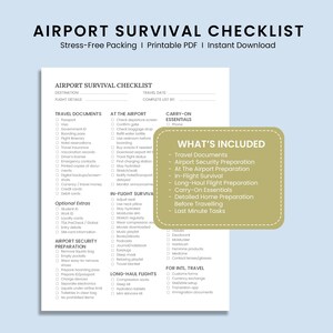 May include: A printable PDF titled "Airport Survival Checklist" with a light blue background. The checklist includes sections for travel documents, airport preparation, and carry-on essentials. A gold-colored box lists included topics.