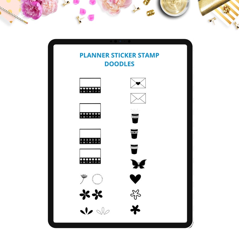 以下が含まれることがあります： PLANNER STICKER STAMP DOODLESと書かれたデジタル画面には、週次カレンダーのヘッダー、封筒、コーヒーカップ、蝶、ハート、花、および様々な植物の形をした白黒のアイコンがグリッド状に配置されています。