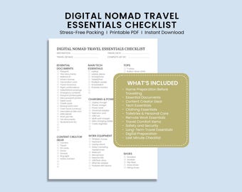 Lista rzeczy do spakowania dla cyfrowego nomady, Planer podróży dla osób pracujących zdalnie, Niezbędne rzeczy do podróży długoterminowych, Plik PDF do druku