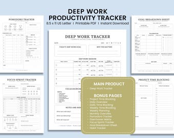 Śledzenie głębokiej pracy (plik PDF do druku) | Planer skupienia | Arkusz roboczy dotyczący produktywności ADHD | Dziennik głębokiej pracy | Śledzenie sesji skupienia | Pobieranie cyfrowe
