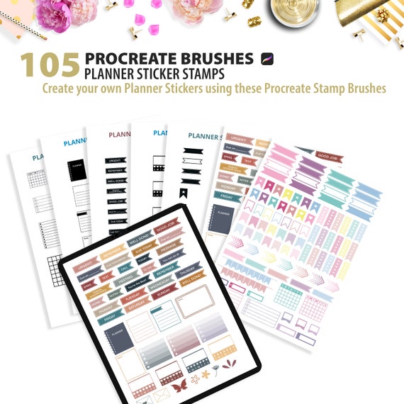 105 Planner Sticker Stamp Procreate Brushes for Goodnotes, Zoomnotes, Notability and other Digital Planning apps
