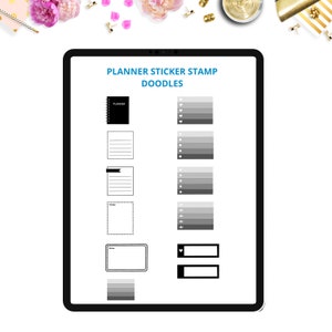 以下が含まれることがあります： PLANNER STICKER STAMP DOODLESと書かれたデジタル画面。スパイラルノート、罫線入りのメモボックス、ハート、円、星、花のシンボルが付いたチェックリスト、長方形のラベルなど、白地に黒の様々なアイコンが表示されています。