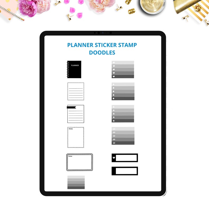 以下が含まれることがあります： PLANNER STICKER STAMP DOODLESと書かれたデジタル画面。スパイラルノート、罫線入りのメモボックス、ハート、円、星、花のシンボルが付いたチェックリスト、長方形のラベルなど、白地に黒の様々なアイコンが表示されています。