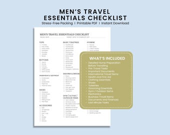 Lista rzeczy do spakowania na podróż dla mężczyzn do druku, Planer podróży z niezbędnymi rzeczami na wakacje w formacie PDF, Lista podróży służbowych, Natychmiastowe pobieranie