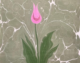 Floral Ebru Art, Marbled Paper,Pink Colour Tulip Ebru, Handmarbled Paper, Handmade Paper, Wall Art 12x18 inch, 30x45cm