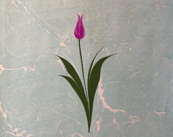 Purple Tulip Ebru Art, Marbled Paper, Flower Ebru, Handmarbled Paper, Handmade Paper, Wall Art 13x19 inch, 30x45cm