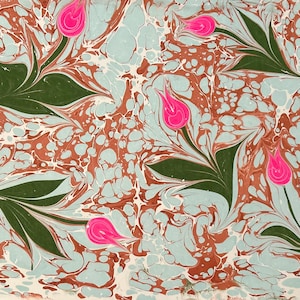 May include: Abstract marbled paper with a swirling pattern of blue, white, and brown. Five pink tulips are scattered throughout the design.