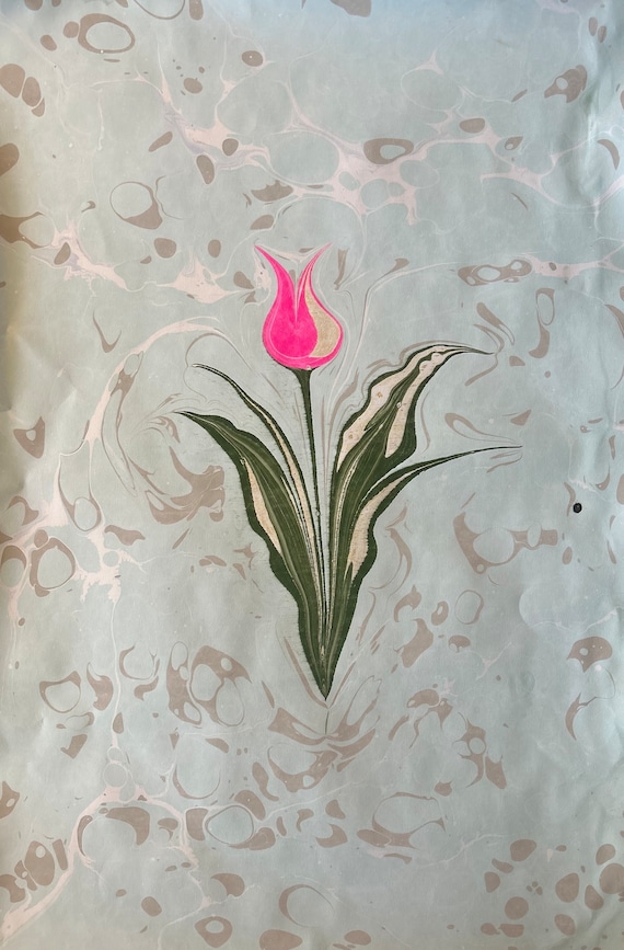 Floral Ebru Art, Marbled Paper,Pink Colour Tulip Ebru, Handmarbled Paper, Handmade Paper, Wall Art 12x18 inch, 30x45cm