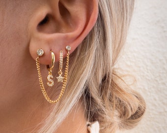Gold letter earring, initial earrings, huggie hoops with letter charm, letter charm earrings, initial charm earrings