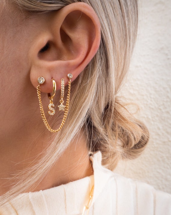 Double piercing earrings, multiple piercing connected earrings