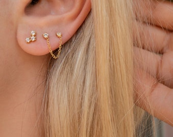 Double stud earrings, Connected earrings with chain, dainty stud earrings, double earrings in sterling silver and 14k gold